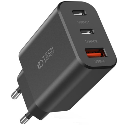 Tech-Protect C30W - Ταχυφορτιστής Ταξιδιού / Αντάπτορας με 1 x USB-A / 2 x Type-C - 30W - Black (9490713935231)