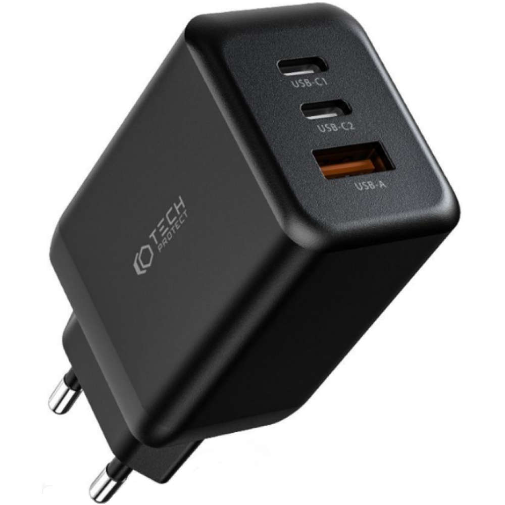 Tech-Protect C65W - Ταχυφορτιστής Ταξιδιού / Αντάπτορας με 1 x USB-A / 2 x Type-C - 65W - Black (9490713934524)