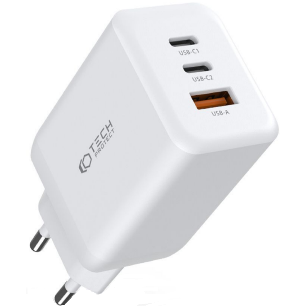 Tech-Protect C65W - Ταχυφορτιστής Ταξιδιού / Αντάπτορας με 1 x USB-A / 2 x Type-C - 65W - White (9490713934517)