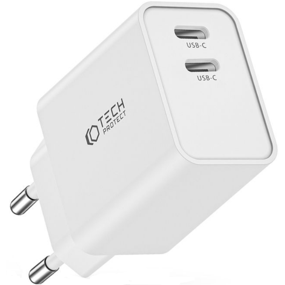 Tech-Protect C35W - Ταχυφορτιστής Ταξιδιού / Αντάπτορας με 2 x Type-C - 35W - White (9490713936078)