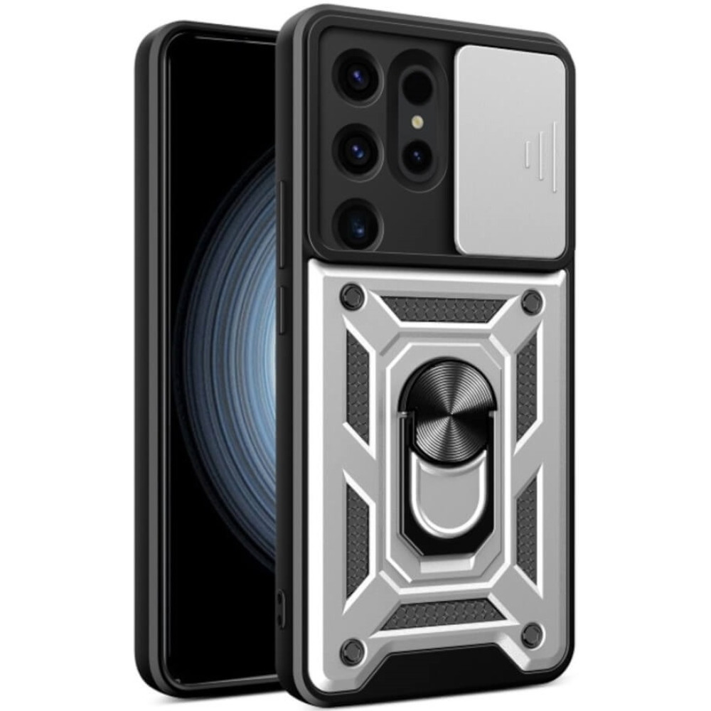 Ανθεκτική Θήκη με Κάλυμμα για την Κάμερα & Μεταλλικό Ring Holder - Samsung Galaxy S24 Ultra - Bodycell Armor Slide - Silver (5206015072734)