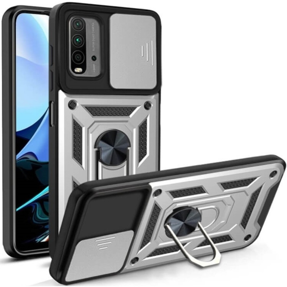 Bodycell Armor Slide - Ανθεκτική Θήκη Xiaomi Poco M3 με Κάλυμμα για την Κάμερα & Μεταλλικό Ring Holder - Silver (5206015014956)
