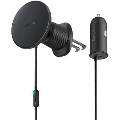 Baseus CW01 Magnetic Wireless Charging Car Mount - Μαγνητική Βάση Ασύρματης Φόρτισης MagSafe 15W για Αεραγωγούς Αυτοκινήτου & Φορτιστής Αυτοκινήτου με 1 x Type-C 25W - Black (C40141000111-00)