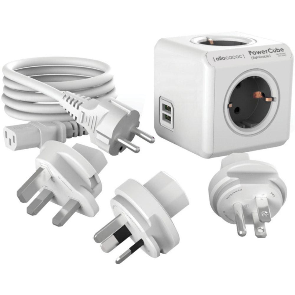 Allocacoc PowerCube Rewirable USB - Πολύπριζο με 4 Υποδοχές Type-F 2500W / 2 x USB-A 10.5W / 3 x Βύσματα US / UK / AU & 1 x Καλώδιο IEC EU 100cm - Trolley Grey - 2 Έτη Εγγύηση (1811GY/DERU3P)
