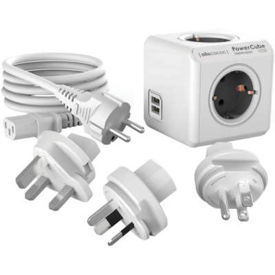 Allocacoc PowerCube Rewirable USB - Πολύπριζο με 4 Υποδοχές Type-F 2500W / 2 x USB-A 10.5W / 3 x Βύσματα US / UK / AU & 1 x Καλώδιο IEC EU 100cm - Trolley Grey - 2 Έτη Εγγύηση (1811GY/DERU3P)