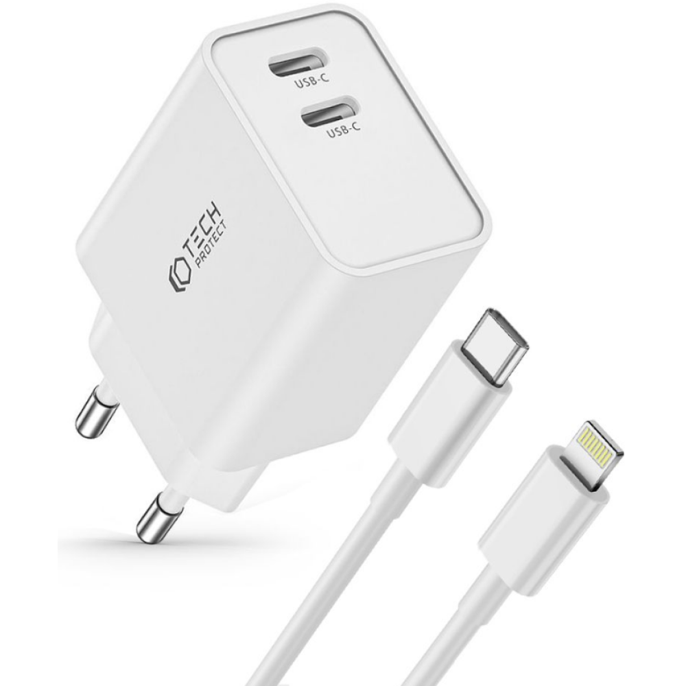 Tech-Protect C35W 2 Port Network - Ταχυφορτιστής Ταξιδιού / Αντάπτορας με 2 x Type-C & Καλώδιο Type-C σε Lightning - 100cm - 35W - White (9319456605587)