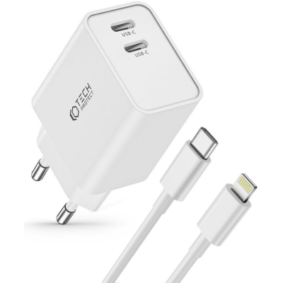 Tech-Protect C35W 2 Port Network - Ταχυφορτιστής Ταξιδιού / Αντάπτορας με 2 x Type-C & Καλώδιο Type-C σε Lightning - 100cm - 35W - White (9319456605587)