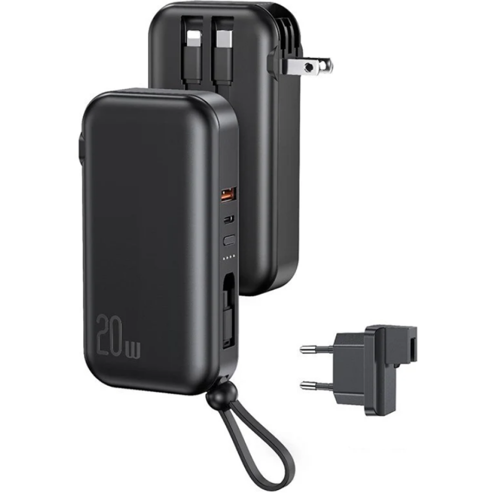 Usams 3 in 1 PB63 US-CD172 - PowerBank 10.000 mAh με Ενσωματωμένα Καλώδια Type-C / Lightning / MicroUSB - Ταχυφορτιστής Τοίχου με Βύσμα EU & US και Θύρες 1 x Type-C / 1 x USB-A - 20W - Black (10KCD17201)