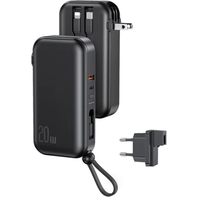 Usams 3 in 1 PB63 US-CD172 - PowerBank 10.000 mAh με Ενσωματωμένα Καλώδια Type-C / Lightning / MicroUSB - Ταχυφορτιστής Τοίχου με Βύσμα EU & US και Θύρες 1 x Type-C / 1 x USB-A - 20W - Black (10KCD17201)