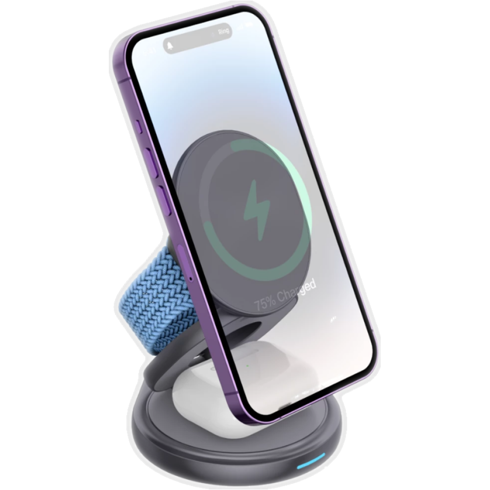 Ofkoz 3in1 360° Foldable Magnetic Wireless Charger - Μαγνητική Αναδιπλούμενη Περιστρεφόμενη Βάση Ασύρματης Φόρτισης MagSafe για iPhone 16 / 15 / 14 / 13 / 12 / AirPods / Apple Watch - 15W - Grey (OKFW01)