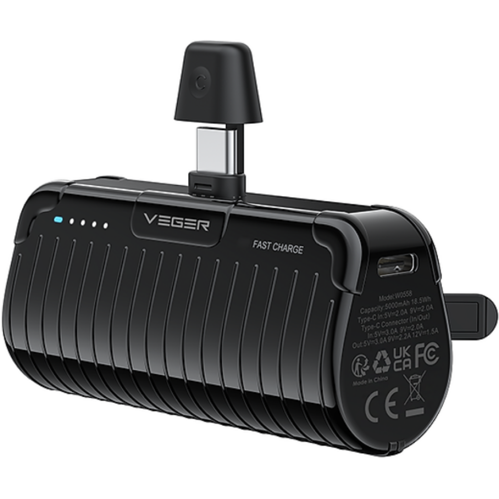 Veger PowerBank PlugOn-C Pro - Φορητή Μπαταρία Φόρτισης με Ενσωματωμένο Type-C και KickStand - 5000mAh - 20W - Black (W0558)
