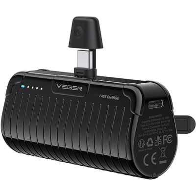 Veger PowerBank PlugOn-C Pro - Φορητή Μπαταρία Φόρτισης με Ενσωματωμένο Type-C και KickStand - 5000mAh - 20W - Black (W0558)