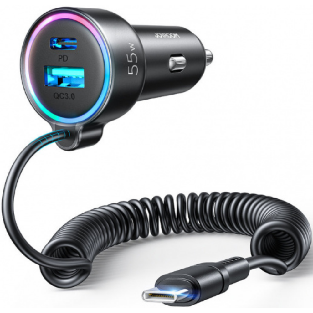 Joyroom JR-CL07 3 in 1 Wired Car Charger - Γρήγορος Φορτιστής Αυτοκινήτου με 1 x USB-A / 1 x Type-C / 1 x Ενσωματωμένο Καλώδιο Type-C 150cm - 55W - Black (6941237172860)