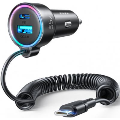 Joyroom JR-CL07 3 in 1 Wired Car Charger - Γρήγορος Φορτιστής Αυτοκινήτου με 1 x USB-A / 1 x Type-C / 1 x Ενσωματωμένο Καλώδιο Type-C 150cm - 55W - Black (6941237172860)