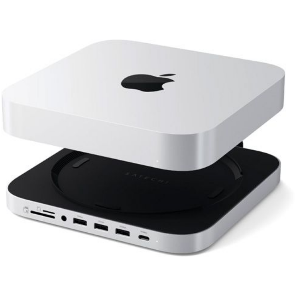 Satechi Stand & Hub για Mac Mini M1 / M2 2023 - 2020 / Mac Studio M4-M1 2025 - 2022 - Με Θήκη για NVMe SSD M.2 SATA Εξωτερικό Σκληρό Δίσκο - Με Θύρες 1 x Type-C 3.2 / 1 x USB-A 3.2 / 2 x USB-A 3.0 / 1 x 3.5mm Jack / 1 x SD & Micro SD - Silver (ST-GMMSHS)