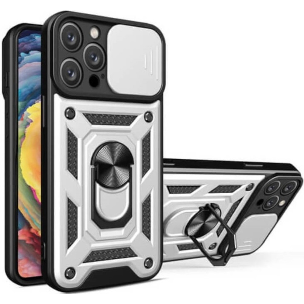 Bodycell Armor Slide - Ανθεκτική Θήκη Apple iPhone 15 Pro με Κάλυμμα για την Κάμερα & Μεταλλικό Ring Holder - Silver (5206015072550)
