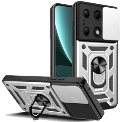 Ανθεκτική Θήκη με Κάλυμμα για την Κάμερα & Μεταλλικό Ring Holder - Xiaomi Redmi Note 13 Pro 4G / Poco M6 Pro 4G - Bodycell Armor Slide - Silver (5206015074813)