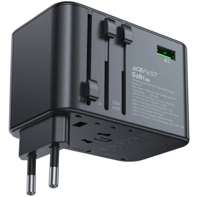 Acefast Z1 Travel Plug Charging GaN 2300W Adapter - Ταχυφορτιστής Ταξιδιού με Βύσμα EU / US / UK / AU και Θύρες 3 x Type-C / 2 x USB-A / 1 x AC - 75W - Black (6974316282495)