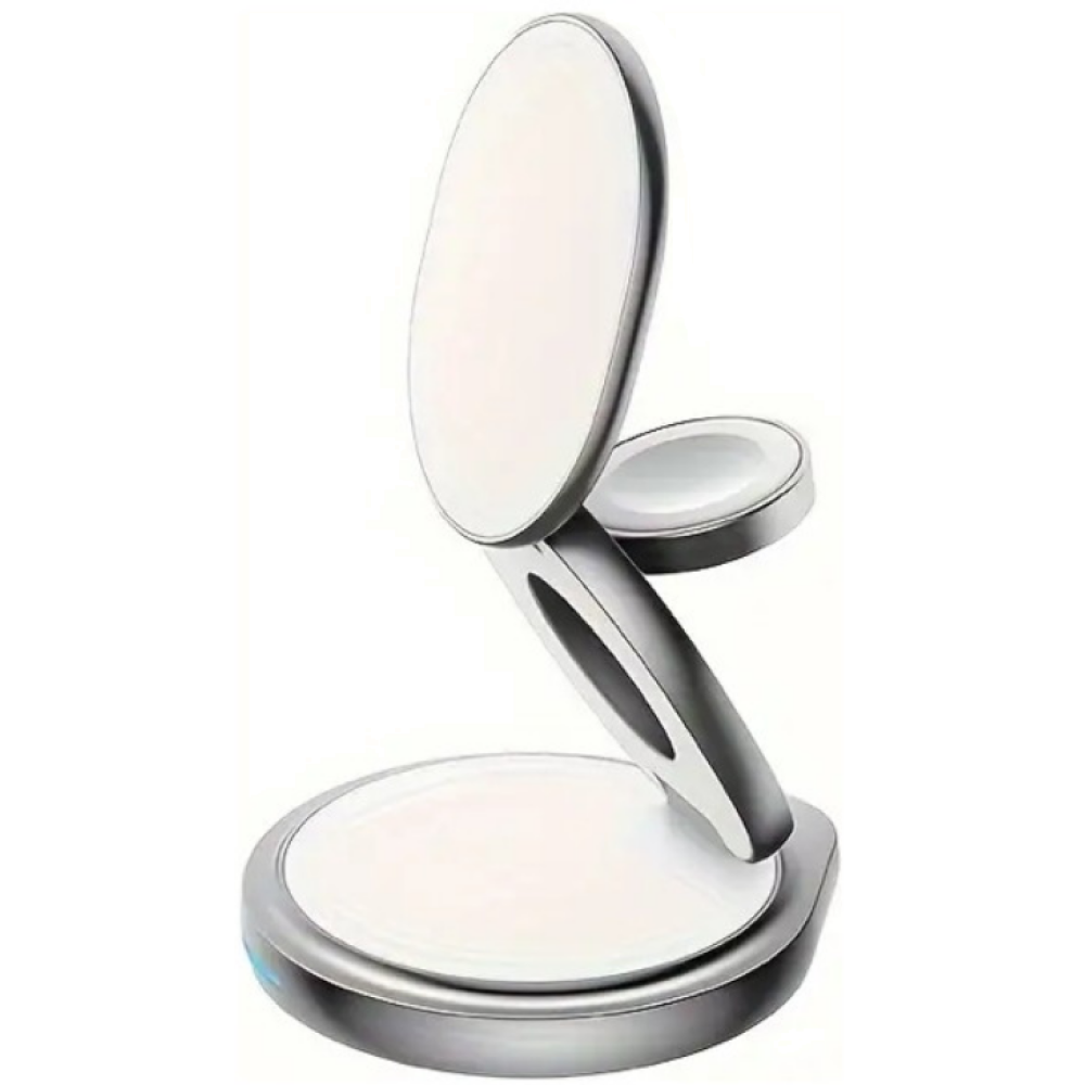 Ofkoz 3in1 360° Foldable Magnetic Wireless Charger - Μαγνητική Αναδιπλούμενη Περιστρεφόμενη Βάση Ασύρματης Φόρτισης MagSafe για iPhone 16 / 15 / 14 / 13 / 12 / AirPods / Apple Watch - 15W - Silver (OKFW02)