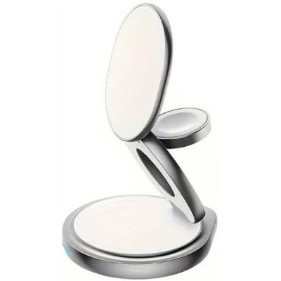 Ofkoz 3in1 360° Foldable Magnetic Wireless Charger - Μαγνητική Αναδιπλούμενη Περιστρεφόμενη Βάση Ασύρματης Φόρτισης MagSafe για iPhone 16 / 15 / 14 / 13 / 12 / AirPods / Apple Watch - 15W - Silver (OKFW02)