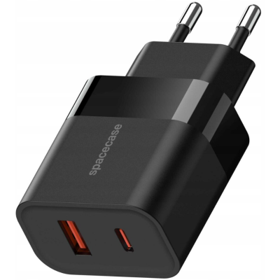 Spacecase SC001B Dual Port USB Charger - Ταχυφορτιστής Ταξιδιού / Αντάπτορας με 1 x USB-A / 1 x Type-C - 20W - Black (5905719105143)
