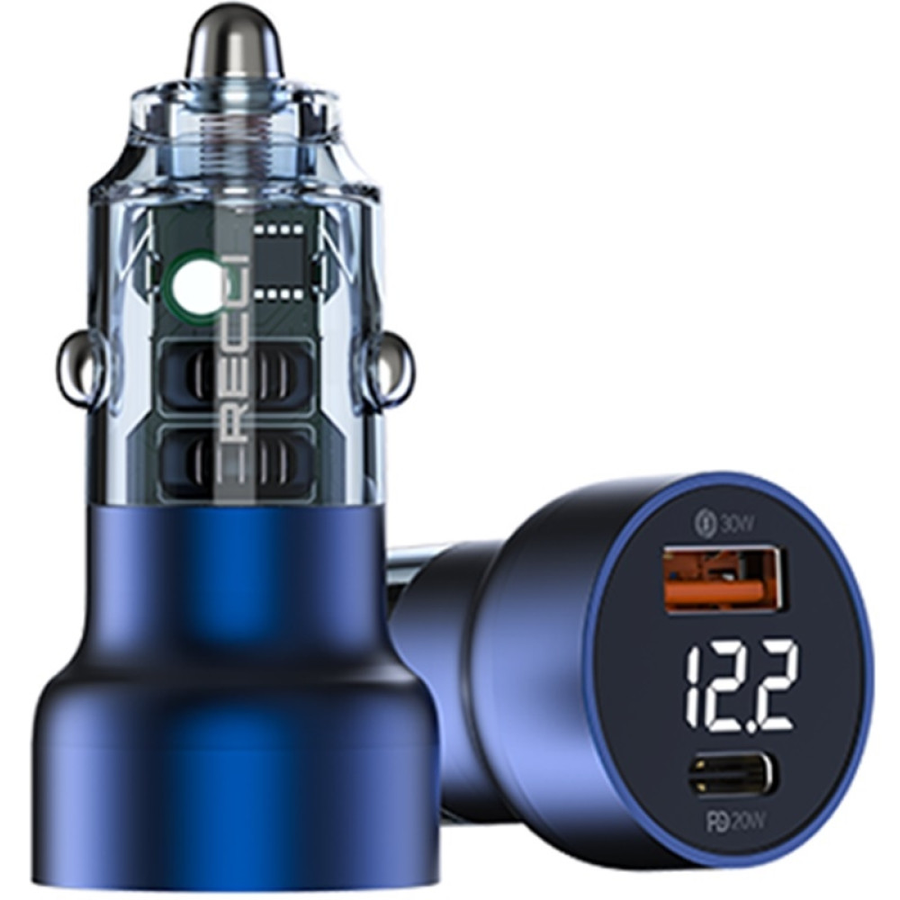 Recci Journey RCC-N20 - Διάφανος Γρήγορος Φορτιστής Αυτοκινήτου με Ψηφιακή Οθόνη LED - Με 1 x USB-A / 1 x Type-C - 50W - Blue (6955482519622)
