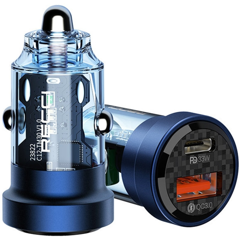 Recci Journey RCC-N17 - Διάφανος Γρήγορος Φορτιστής Αυτοκινήτου με 1 x USB-A / 1 x Type-C - 33W - Blue (6955482518397)