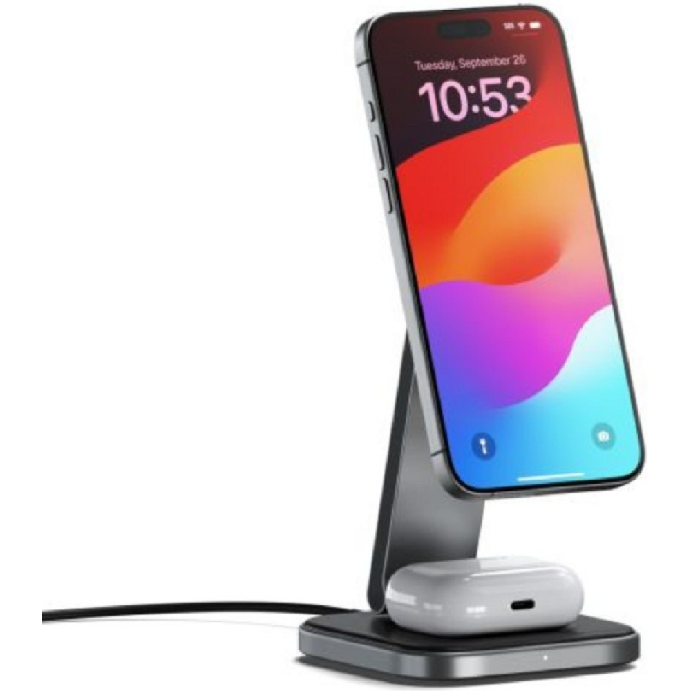 Satechi 2-in-1 Foldable Qi2 Wireless Charging Stand - Μαγνητική Αναδιπλούμενη Βάση Ασύρματης Φόρτισης MagSafe για iPhone 16 / 15 / 14 / 13 / 12 & AirPods από Αλουμίνιο και Vegan Δέρμα - 15W - Space Gray (ST-Q21FM)