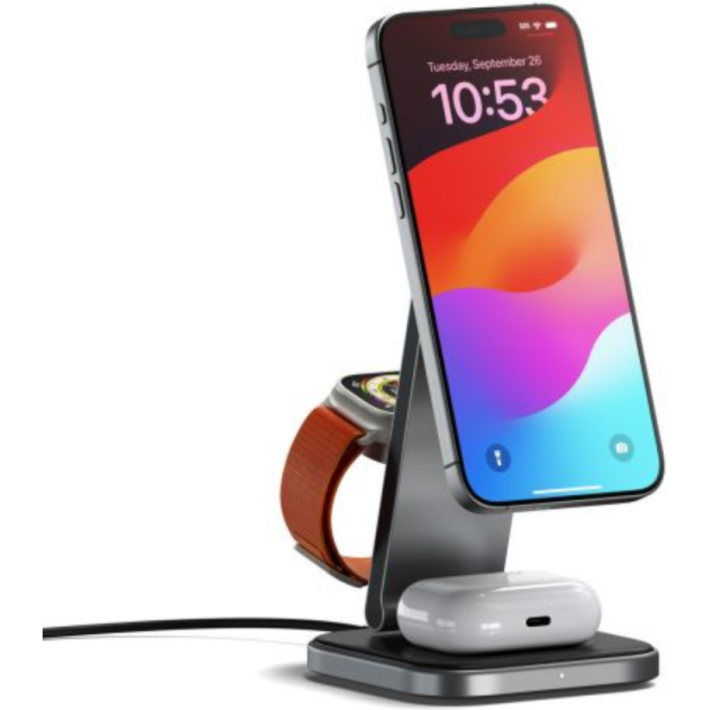 Satechi 3-in-1 Foldable Qi2 Wireless Charging Stand - Μαγνητική Αναδιπλούμενη Βάση Ασύρματης Φόρτισης MagSafe 15W για iPhone / AirPods / Apple Watch με Αντάπτορα Ταξιδιού 45W & Βύσματα EU / US / UK - Space Gray (ST-Q31FM-EA)