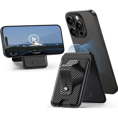 ESR HaloLock Geo Wallet Stand - MagSafe Θήκη Πορτοφόλι για Κάρτες με Συμβατότητα Apple Find My & Αναδιπλούμενη Βάση με Finger Holder - Carbon Fiber (4894240189313)