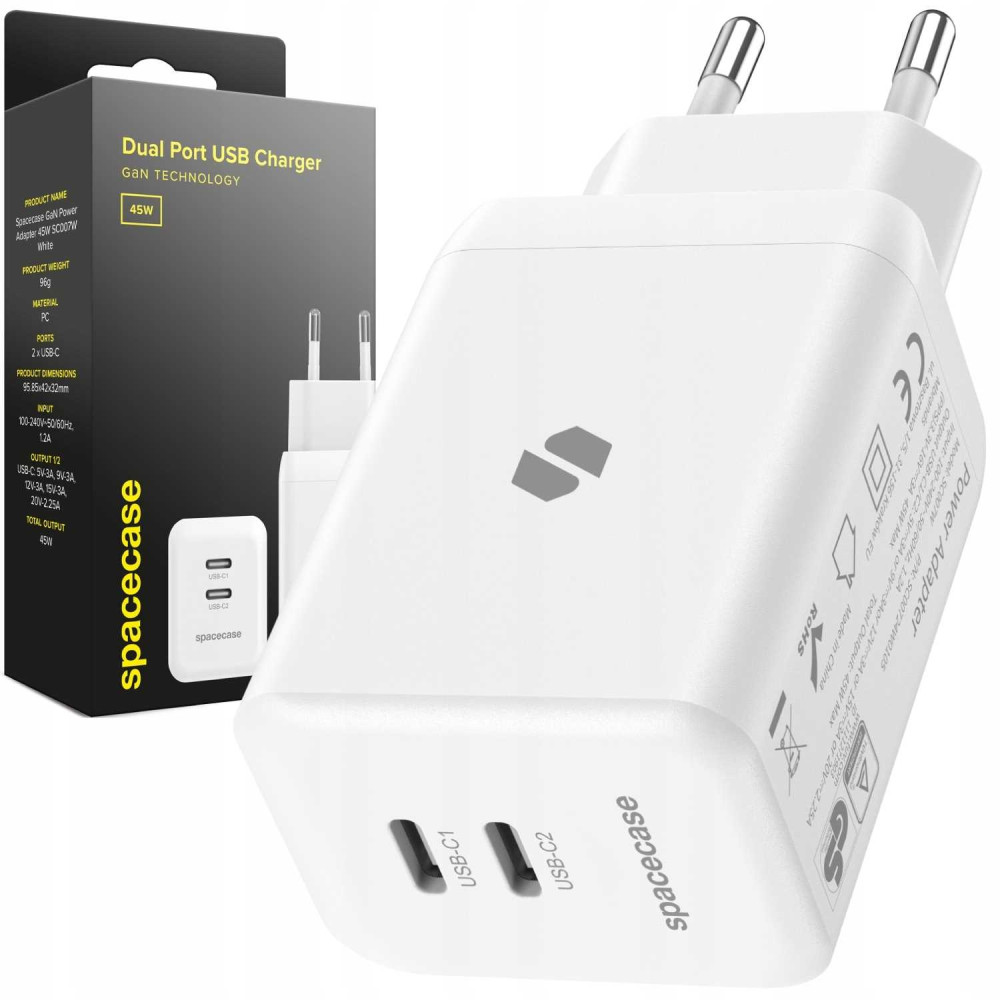 Spacecase SC007W Dual Port GaN USB Charger - Ταχυφορτιστής Ταξιδιού / Αντάπτορας με 2 x Type-C - 45W - White (5905719109240)