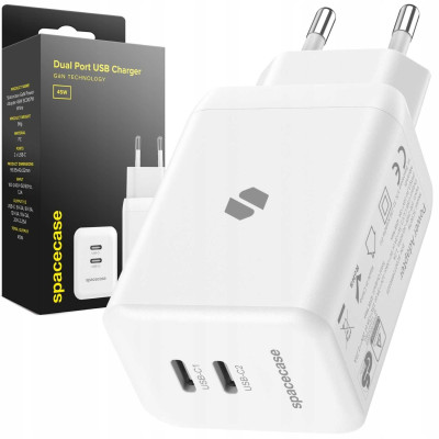 Spacecase SC007W Dual Port GaN USB Charger - Ταχυφορτιστής Ταξιδιού / Αντάπτορας με 2 x Type-C - 45W - White (5905719109240)