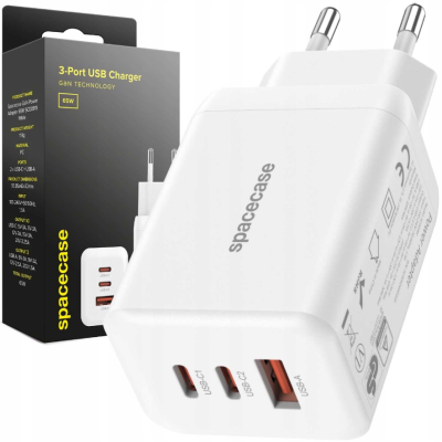 Spacecase SC009W 3-Port GaN USB Charger - Ταχυφορτιστής Ταξιδιού / Αντάπτορας με 1 x USB-A / 2 x Type-C - 65W - White (5905719109264)