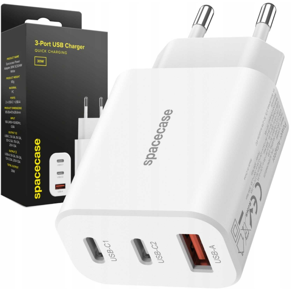 Spacecase SC004W 3-Port Quick USB Charger - Ταχυφορτιστής Ταξιδιού / Αντάπτορας με 1 x USB-A / 2 x Type-C - 30W - White (5905719109226)