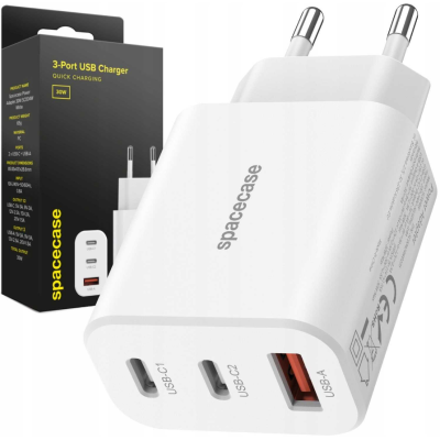 Spacecase SC004W 3-Port Quick USB Charger - Ταχυφορτιστής Ταξιδιού / Αντάπτορας με 1 x USB-A / 2 x Type-C - 30W - White (5905719109226)