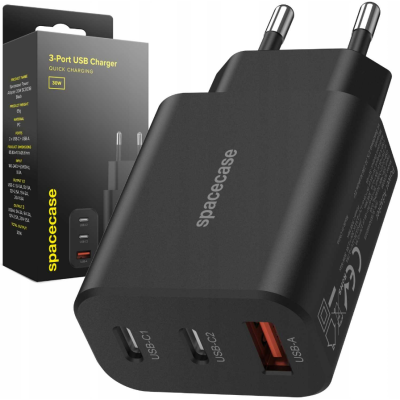 Spacecase SC003B 3-Port Quick USB Charger - Ταχυφορτιστής Ταξιδιού / Αντάπτορας με 1 x USB-A / 2 x Type-C - 30W - Black (5905719109219)