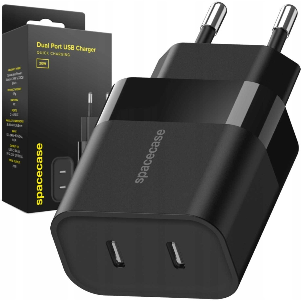 Spacecase SC010B Dual Port Quick USB Charger - Ταχυφορτιστής Ταξιδιού / Αντάπτορας με 2 x Type-C - 20W - Black (5905719109271)
