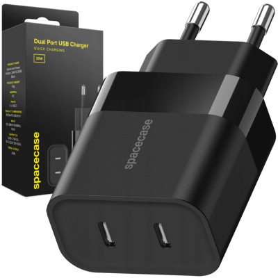 Spacecase SC010B Dual Port Quick USB Charger - Ταχυφορτιστής Ταξιδιού / Αντάπτορας με 2 x Type-C - 20W - Black (5905719109271)