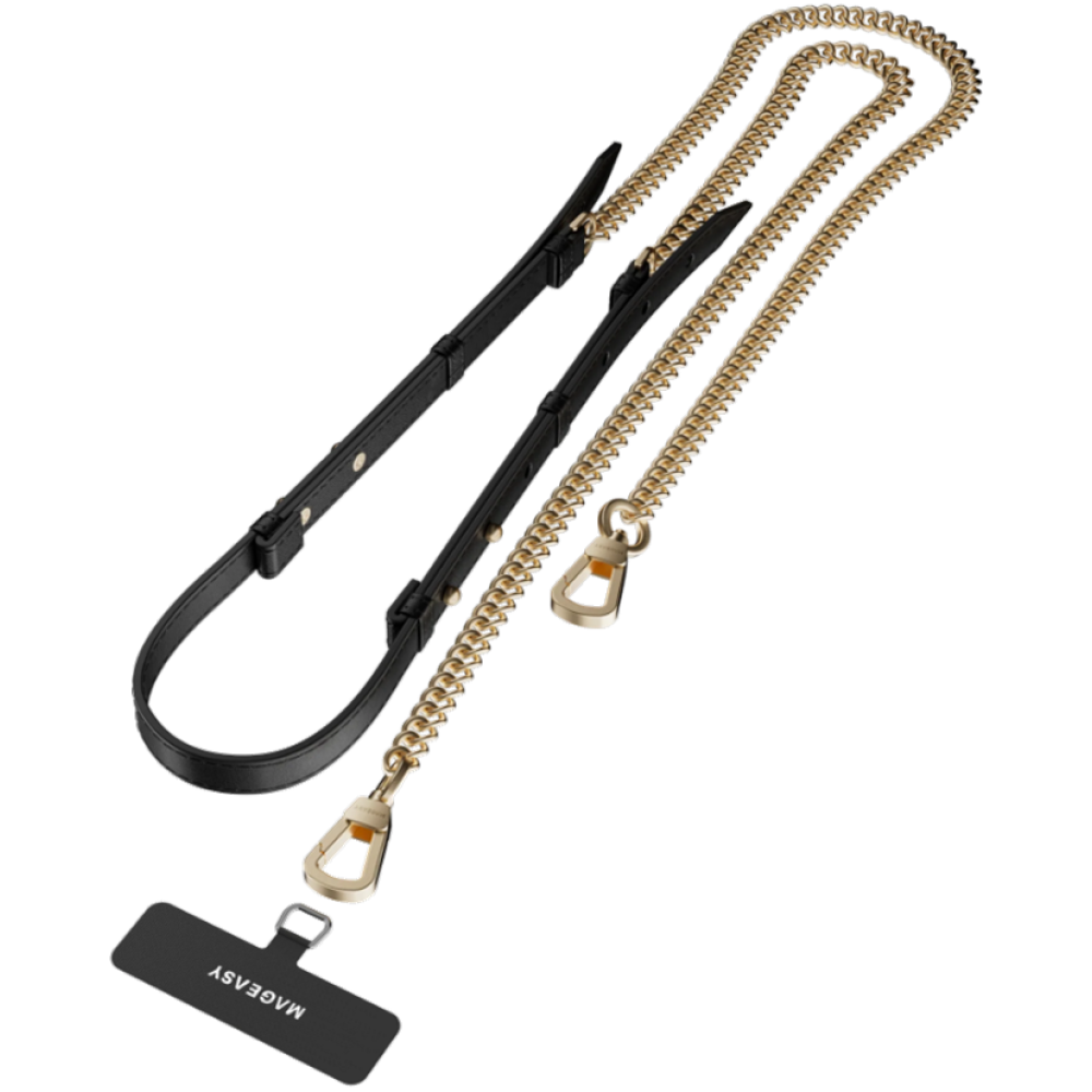 SwitchEasy MagEasy Leather Chain Strap Modern & Strap Card - Μεταλλικό Αποσπώμενο Λουράκι Λαιμού για Θήκες Κινητών iPhone - Black / Matte Gold (MPHIPH224BO23)