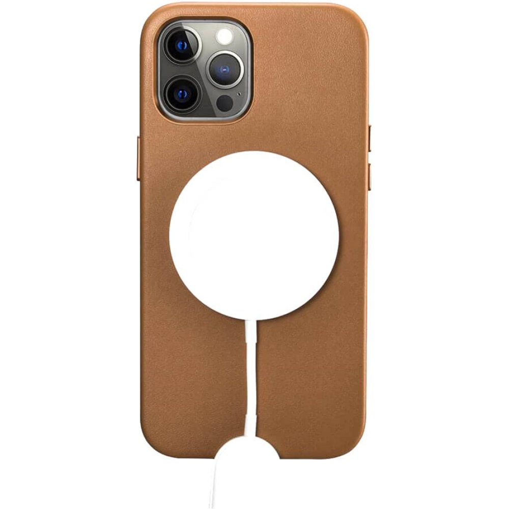 iCarer Real Leather Case with MagSafe - Δερμάτινη Θήκη MagSafe με Μεταλλικό Πλαίσιο Κάμερας - Apple iPhone 12 Pro Max - Brown (WMI1217-BN)