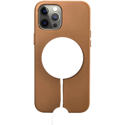 iCarer Real Leather Case with MagSafe - Δερμάτινη Θήκη MagSafe με Μεταλλικό Πλαίσιο Κάμερας - Apple iPhone 12 Pro Max - Brown (WMI1217-BN)