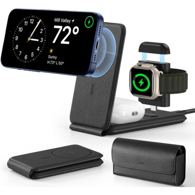 ESR HaloLock Qi2 3-in-1 Travel Wireless Charging Set - Σετ Αναδιπλούμενη Φορητή Μαγνητική Βάση Ασύρματης Φόρτισης MagSafe για Apple iPhone / AirPods / Αποσπώμενο Μαγνητικό Φορτιστή Type-C για Apple Watch & Θήκη Μεταφοράς - 15W - Black (4894240227251)