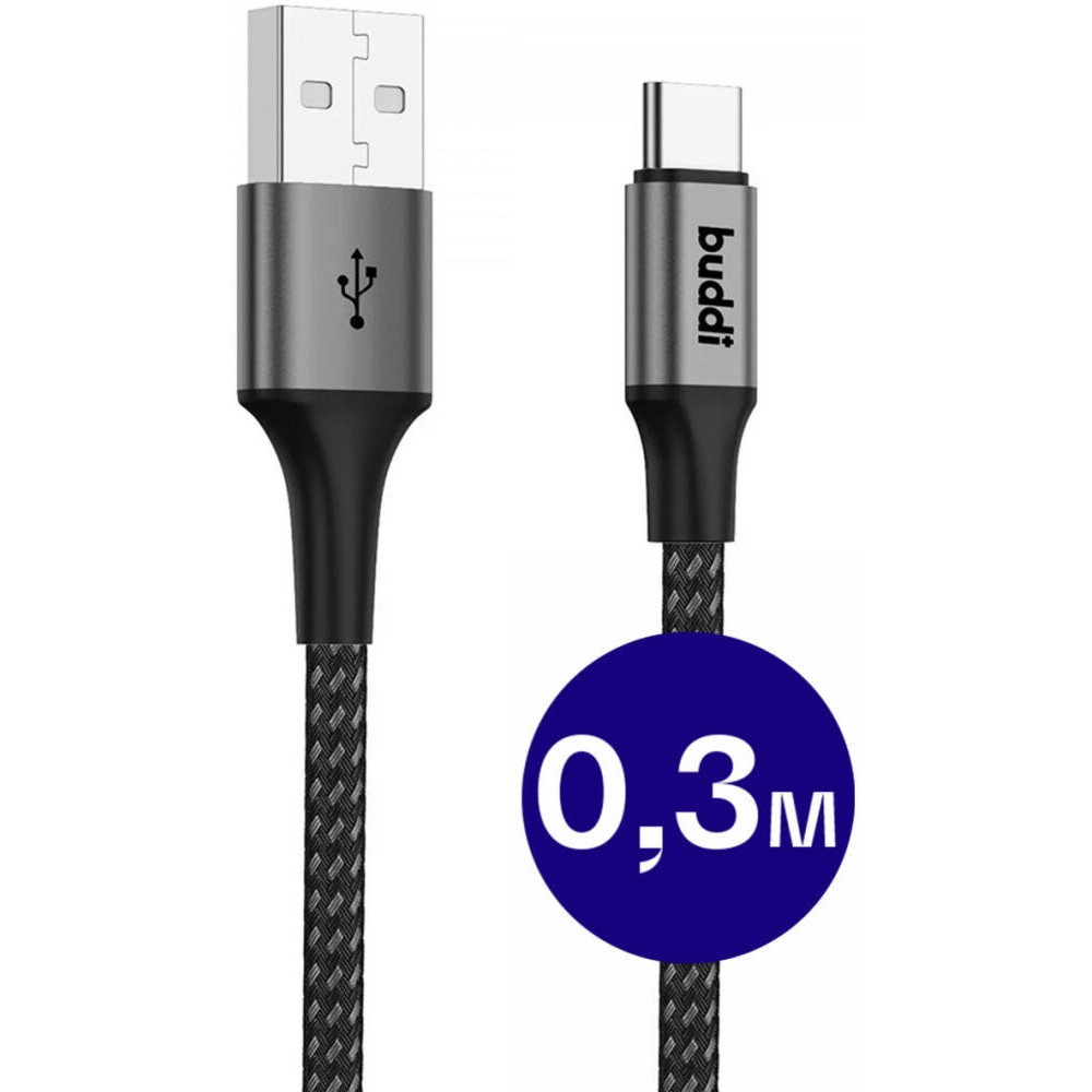 Buddi Flex - Καλώδιο Φόρτισης και Μεταφοράς Δεδομένων USB-A σε Type-C - 30cm - 12W - Black - 5 Έτη Εγγύηση (8719246446023)