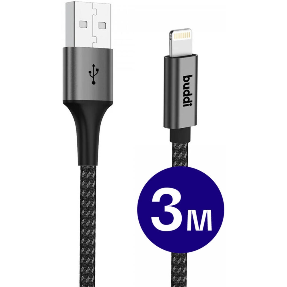 Buddi Flex - Καλώδιο Φόρτισης και Μεταφοράς Δεδομένων USB-A σε Lightning - 300cm - 12W - Black - 5 Έτη Εγγύηση (8719246446139)