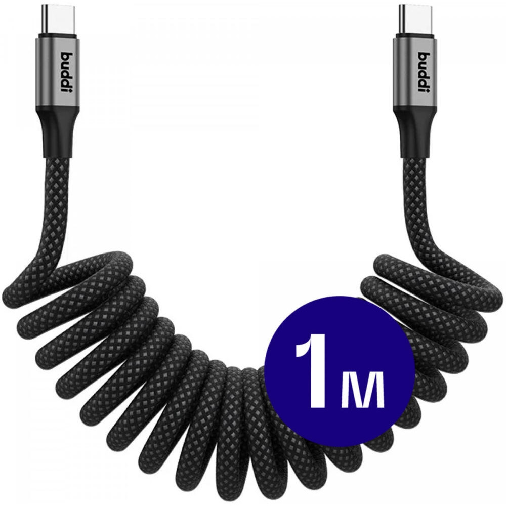 Buddi Flex - Ελαστικό Σπιράλ Καλώδιο Φόρτισης και Μεταφοράς Δεδομένων Type-C σε Type-C - 100cm - 60W - Black - 5 Έτη Εγγύηση (8719246446153)
