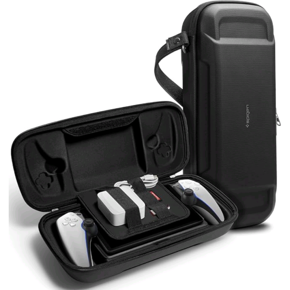 Spigen Pouch Rugged Armor Pro - Σκληρή Θήκη Μεταφοράς για Sony PlayStation Portal Remote Player με Ενσωματωμένη Θήκη για Apple AirTag & Λουράκι Χειρός - Black (AFA07236)
