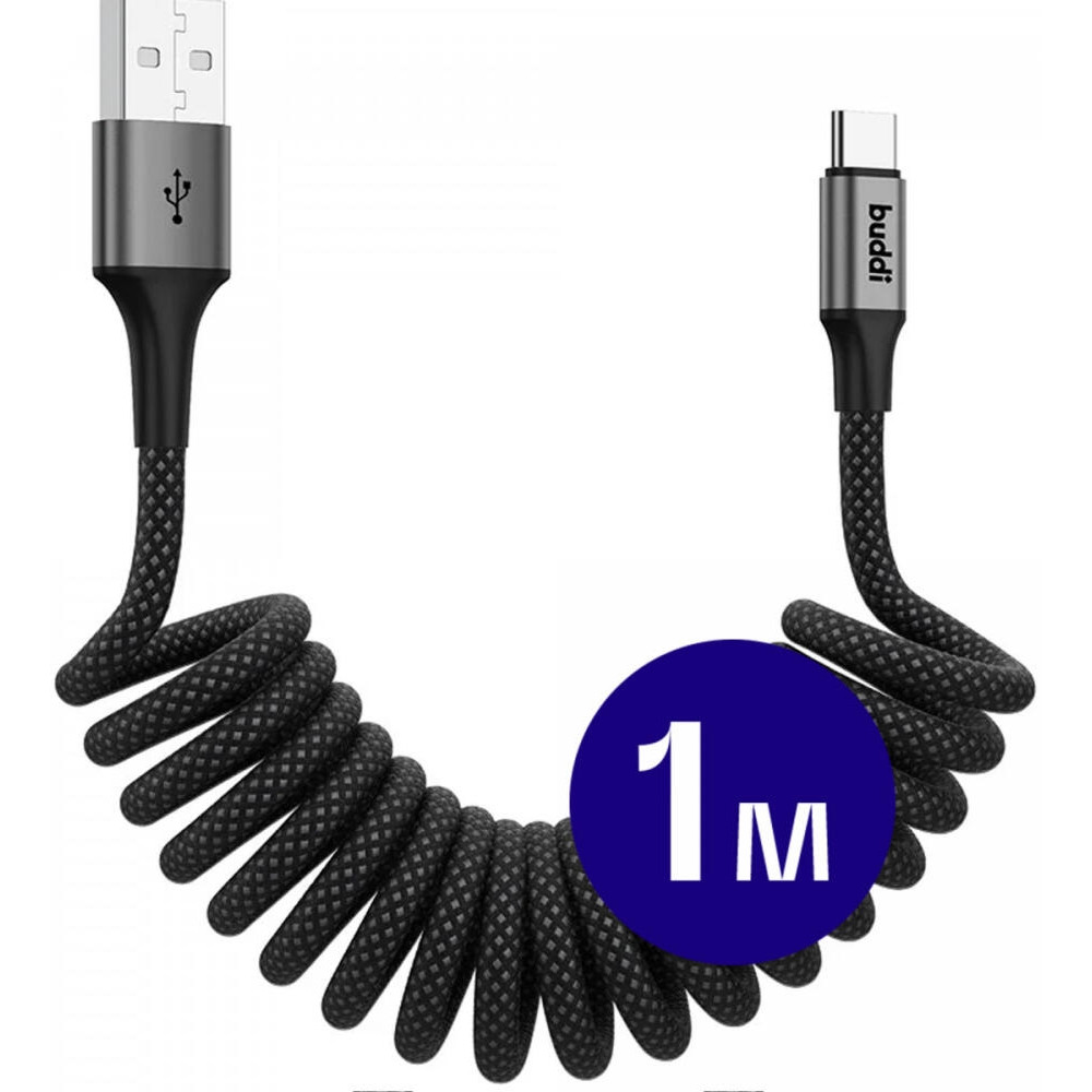 Buddi Flex - Ελαστικό Σπιράλ Καλώδιο Φόρτισης και Μεταφοράς Δεδομένων USB-A σε Type-C - 100cm - 12W - Black - 5 Έτη Εγγύηση (8719246446146)