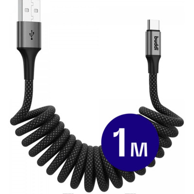 Buddi Flex - Ελαστικό Σπιράλ Καλώδιο Φόρτισης και Μεταφοράς Δεδομένων USB-A σε Type-C - 100cm - 12W - Black - 5 Έτη Εγγύηση (8719246446146)