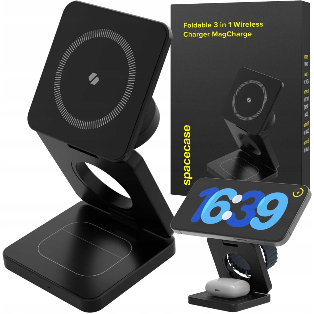 Spacecase WM4B Foldable 3 in 1 Wireless Charger MagCharger - Αναδιπλούμενη Βάση Ασύρματης Φόρτισης MagSafe για iPhone 16 / 15 / 14 / 13 / 12 / AirPods / Apple Watch - 15W - Black (5905719110383)