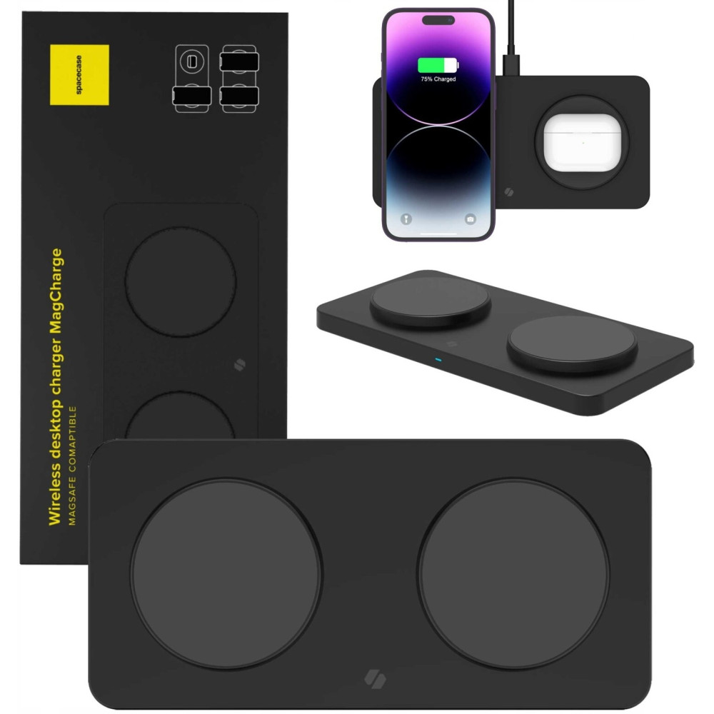 Spacecase WM3B Wireless Desktop Dual Charger MagCharge - Βάση Ασύρματης Φόρτισης MagSafe για iPhone 16 / 15 / 14 / 13 / 12 & AirPods - 15W - Black (5905719110352)